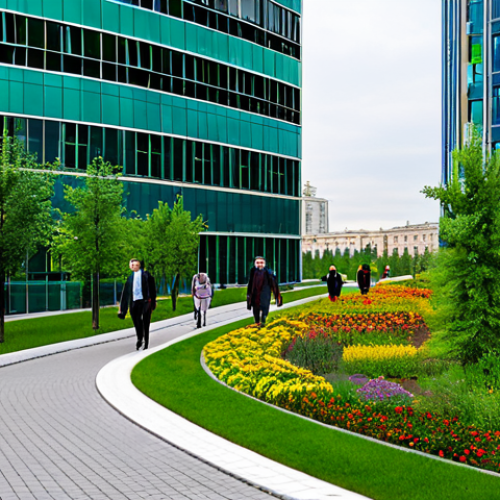 Home 6 **
"A vibrant green roof on a modern office building in Moscow, Russia. Lush vegetation includes flowers and small trees. In the foreground, people in professional attire are walking along a pedestrian path. Skyline visible in the background. Fully clothed, appropriate attire, safe for work, professional architecture photography, perfect anatomy, natural proportions, high quality, family-friendly, daytime."
**