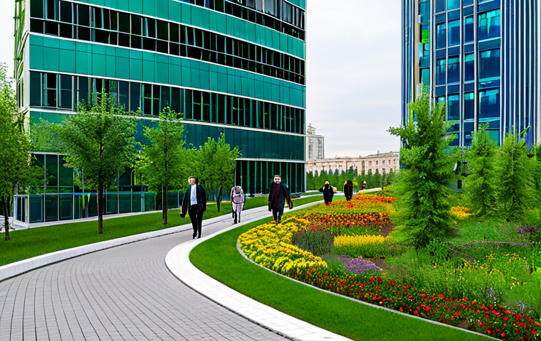 **
"A vibrant green roof on a modern office building in Moscow, Russia. Lush vegetation includes flowers and small trees. In the foreground, people in professional attire are walking along a pedestrian path. Skyline visible in the background. Fully clothed, appropriate attire, safe for work, professional architecture photography, perfect anatomy, natural proportions, high quality, family-friendly, daytime."
**