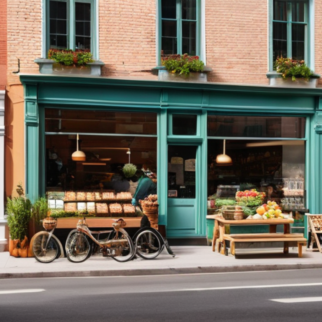 워커블 시티의 상업시설 배치 전략 - **Prompt: A bustling, sun-drenched street scene in a modern European-style residential neighborhood,...
