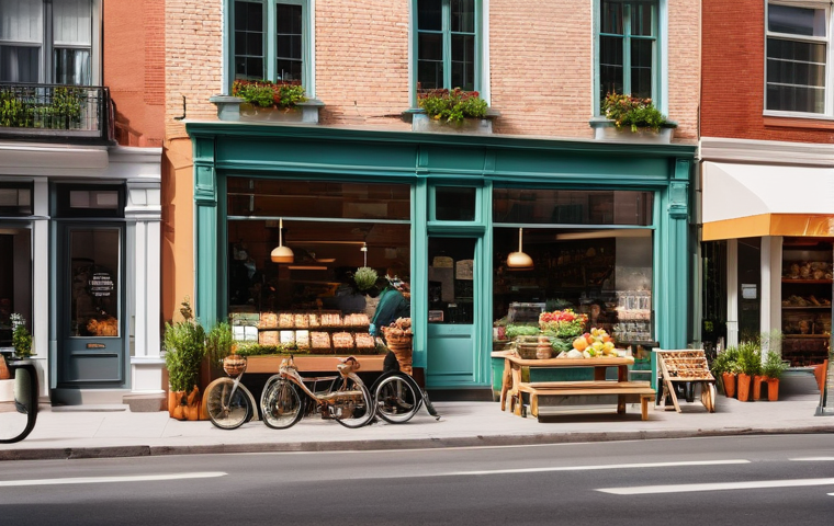 워커블 시티의 상업시설 배치 전략 - **Prompt: A bustling, sun-drenched street scene in a modern European-style residential neighborhood,...