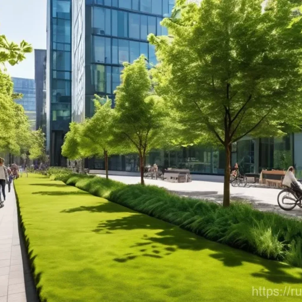 워커블 시티 디자인의 혁신적 아이디어 - **"A vibrant modern city scene showcasing extensive green infrastructure. Tall buildings feature lus...