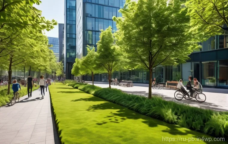 워커블 시티 디자인의 혁신적 아이디어 - **"A vibrant modern city scene showcasing extensive green infrastructure. Tall buildings feature lus...