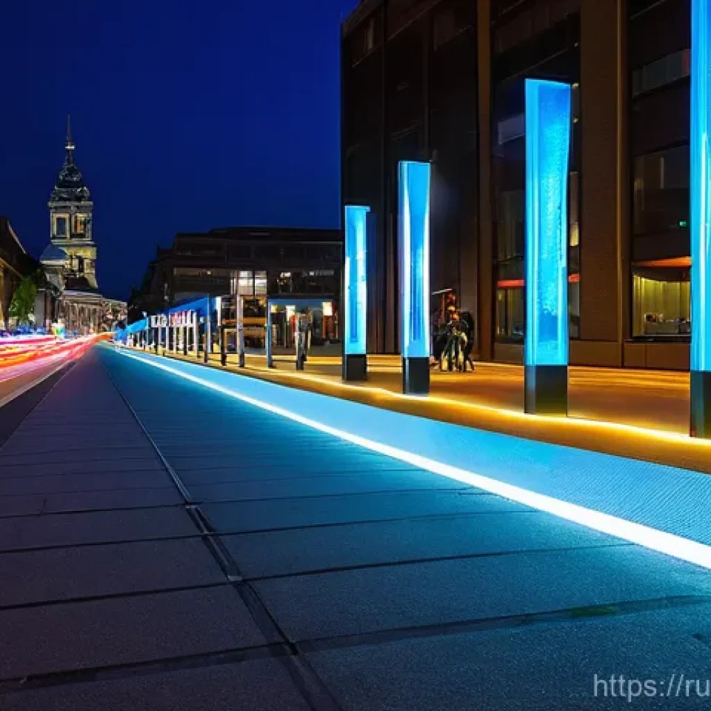 워커블 시티 디자인에 필요한 기술적 요소 - **Prompt:** A technologically advanced, vibrant pedestrian street at night. Smart streetlights with ...