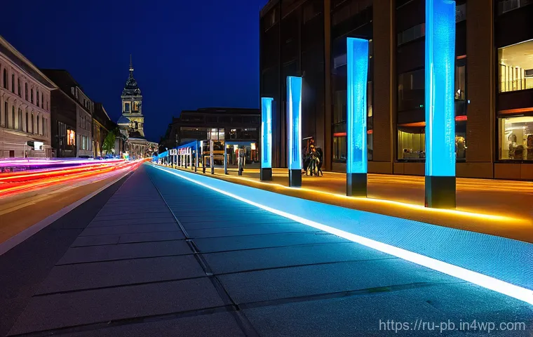워커블 시티 디자인에 필요한 기술적 요소 - **Prompt:** A technologically advanced, vibrant pedestrian street at night. Smart streetlights with ...