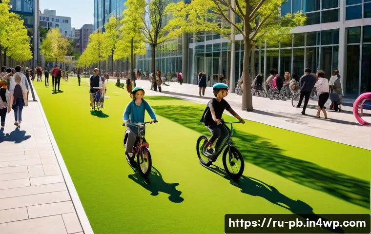 워커블 시티의 지속 가능한 교통수단 - **Prompt:** A vibrant, futuristic city park where a diverse group of people of all ages are enjoying...