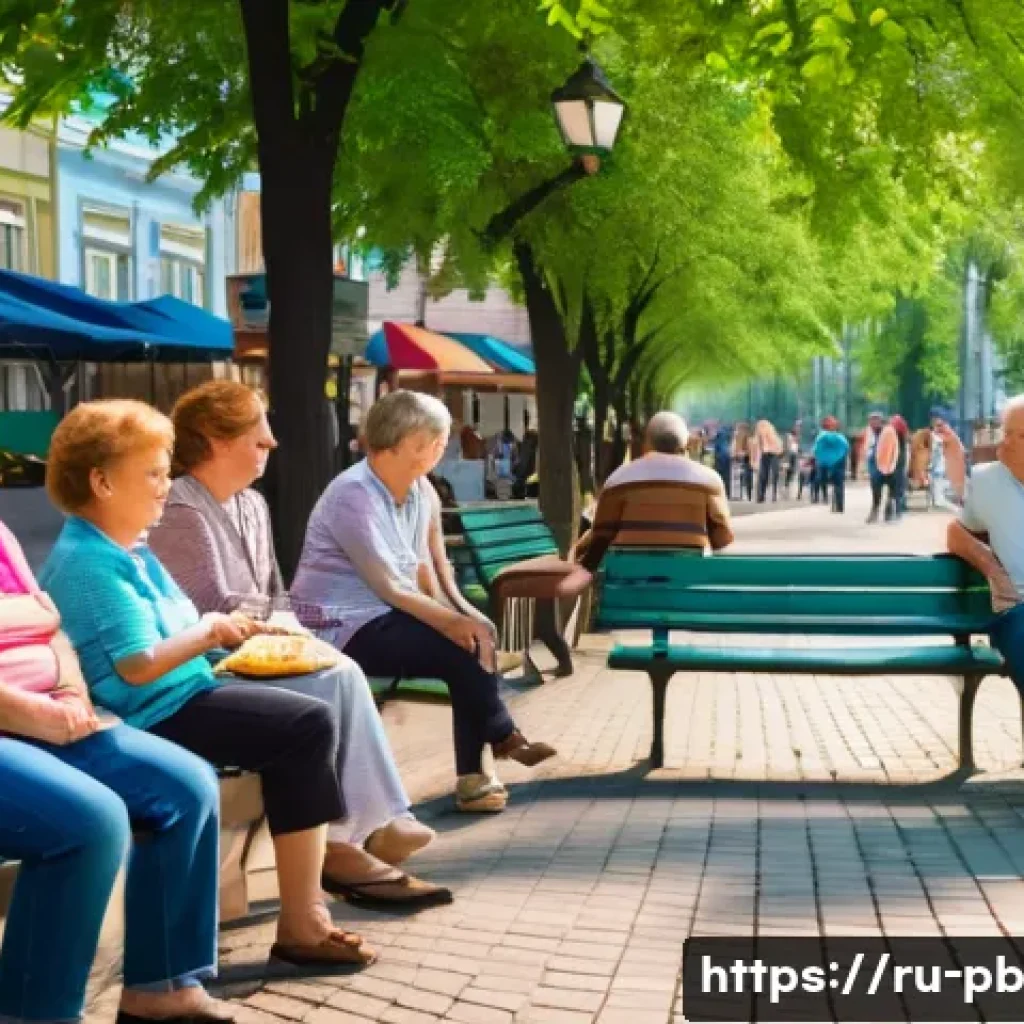 워커블 시티 디자인의 사회적 통합 효과 - A lively pedestrian street scene in a Russian city during a sunny afternoon, featuring diverse age g...