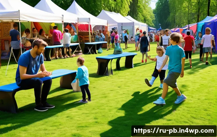 워커블 시티에서의 커뮤니티 이벤트 기획 - A vibrant city park scene during a family-friendly outdoor event in a Russian urban setting, featuri...