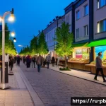 Home 21 워커블 시티와 미래 도시의 비전 - A vibrant pedestrian street in a modern Russian city, wide sidewalks paved with smooth stones, lined...