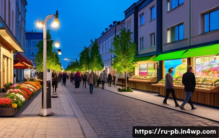 워커블 시티와 미래 도시의 비전 - A vibrant pedestrian street in a modern Russian city, wide sidewalks paved with smooth stones, lined...