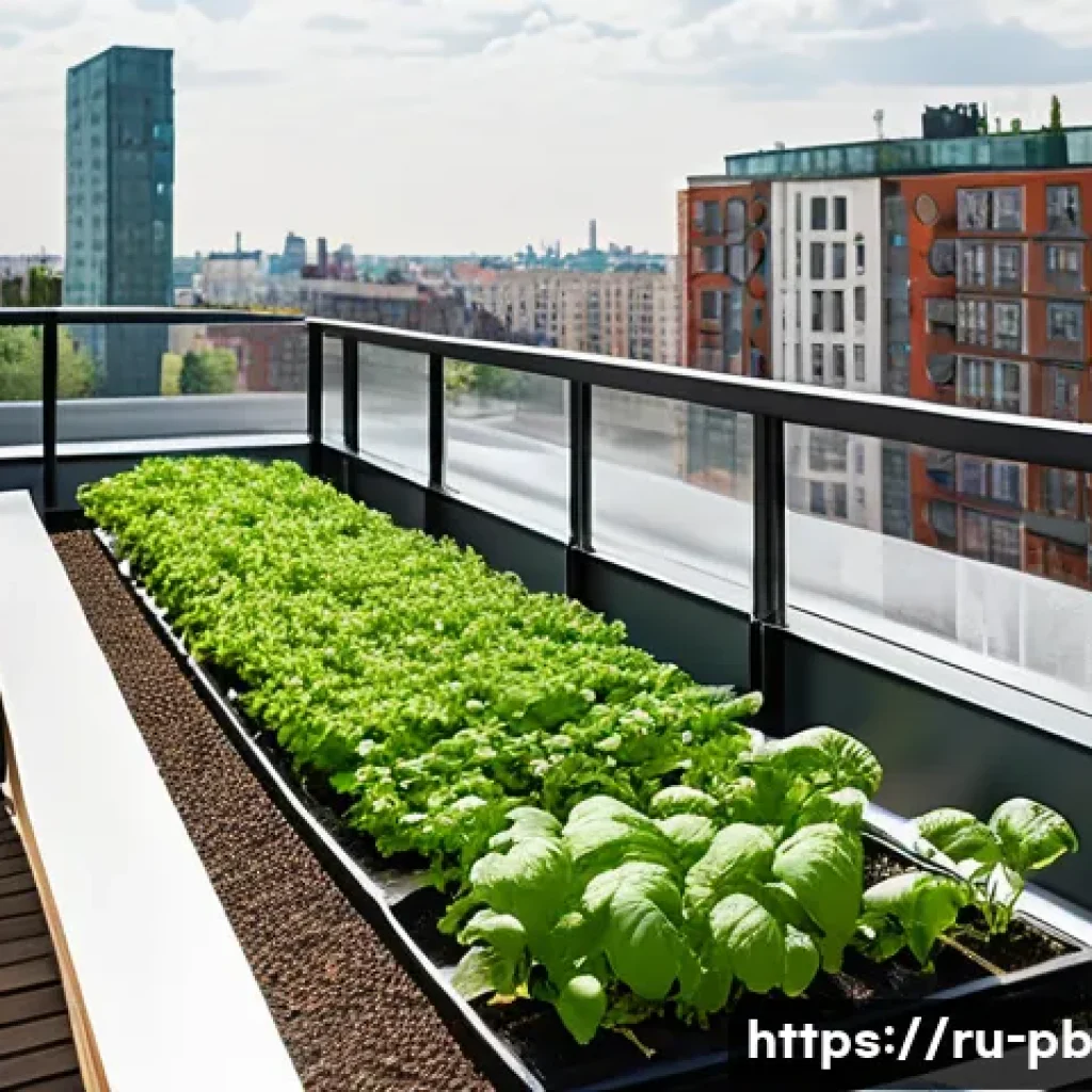 워커블 시티에서의 농업과 디자인의 결합 - A vibrant urban rooftop garden in a Moscow residential district featuring modular planter containers...