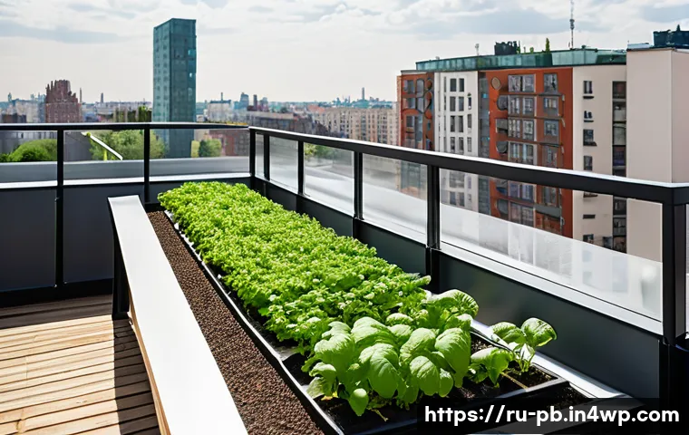 워커블 시티에서의 농업과 디자인의 결합 - A vibrant urban rooftop garden in a Moscow residential district featuring modular planter containers...