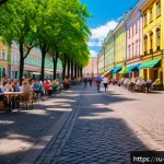 Home 18 워커블 시티에서의 보행자 친화적 디자인 - A vibrant urban pedestrian street in central Saint Petersburg during a sunny day, featuring wide, sm...