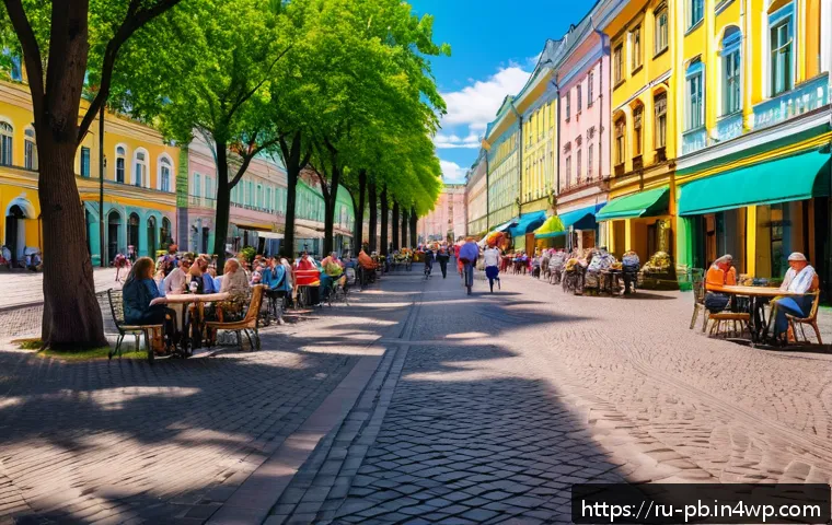 워커블 시티에서의 보행자 친화적 디자인 - A vibrant urban pedestrian street in central Saint Petersburg during a sunny day, featuring wide, sm...