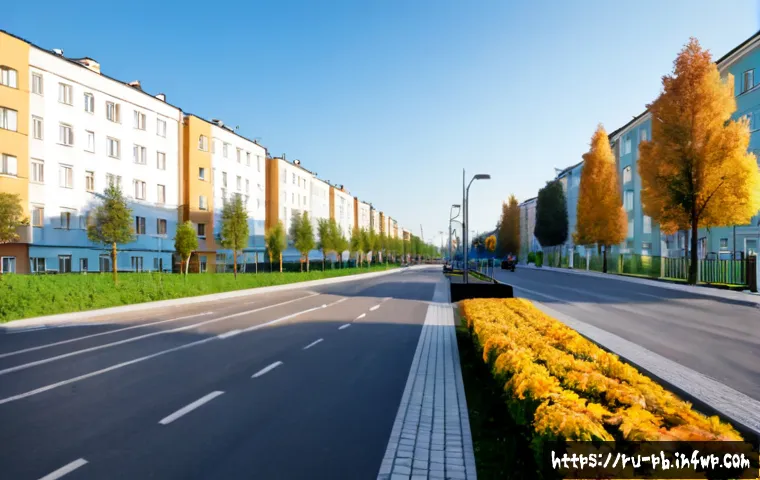 도시 소음 문제 해결을 위한 디자인 전략 - Photorealistic wide-angle urban residential street in a Russian city, modern apartment buildings bes...